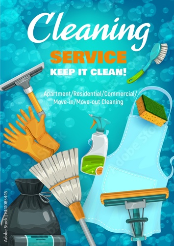 House cleaning service equipment, tools and detergent vector design. Mop, brush and broom, sponge, apron, gloves and window cleaner bottle spray, squeegee and garbage plastic bags with soap bubbles