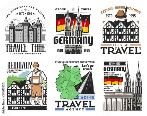 German travel icons of architectural landmarks and tourism of Germany. Vector flag, map and buildings, Brandenburg Gate, Bavarian castle, national costume and hunter hat, gothic church, highway road