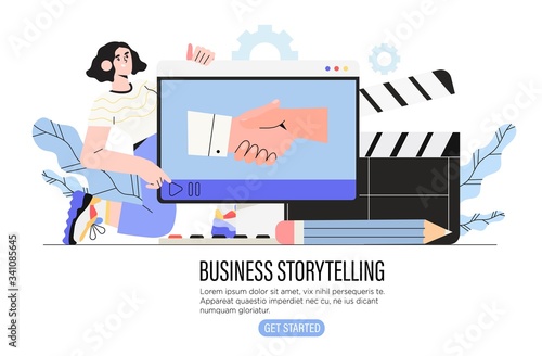 Video or digital storytelling for business or social media vector illustration for banner, ui. Girl designer use digital tools to tell story or present an idea in video format to share in internet.