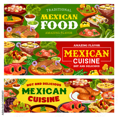 Mexican food vector banners of meat vegetable burritos and fajitas with tomato salsa and avocado guacamole sauces. Estofado stew, stuffed peppers and baked fish, chicken, beef steak and meatball soup