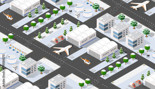 Seamless pattern Isometric 3D city airport with transport