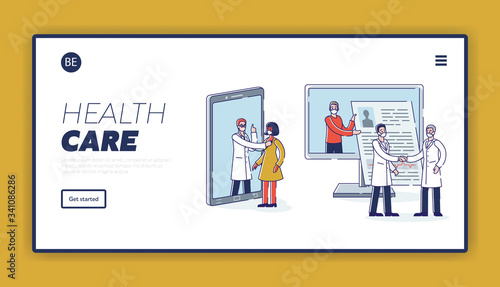 Online Medicine Concept. Website Landing Page. Male And Female Characters Visit Doctors Online. People Reserving Remote Meetings With Doctors. Web Page Cartoon Linear Outline Flat Vector Illustration