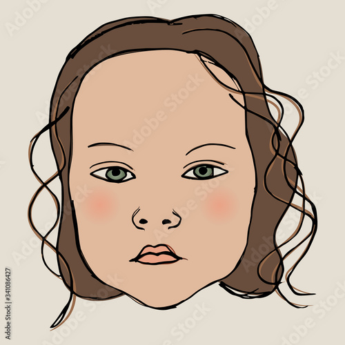 Isolated vector illustration. Female child's face. Cute baby. Beautiful little girl with green eyes and brown hair. Hand drawn colorful sketch.