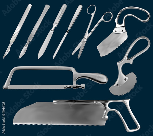 Set of surgical cutting tools. Reusable scalpels, Liston amputation knife , metacarpal saw, straight scissors, saw sheet Satterlee, Bergman Engel saws for plaster bandage,Charriere Bone Saw. Vector