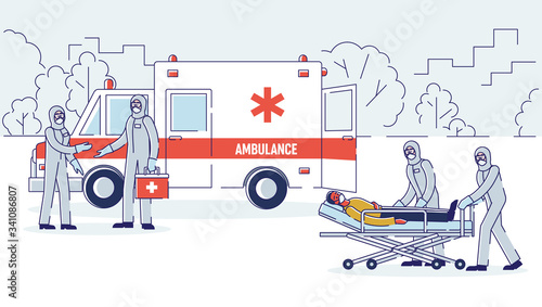 Isolation Of Infected Patients Concept. Ambulance Brigade In Protective Coveralls Carry On Stretcher Bed Sick Infected Man Into Ambulance To Isolate. Cartoon Linear Outline Flat Vector Illustration