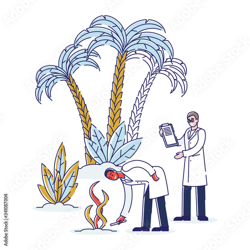 Concept Of Agriculture And Farming. Technicians Fertilize the Soil. Man With Notebooks Gives Recommendations About Dosage Of Plant Fertilizers. Cartoon Linear Outline Flat Style. Vector Illustration
