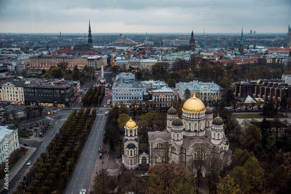 aerial view of golden domed churches and main street in riga latvia 