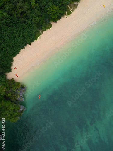 tropical forest on the beach whith red kayak in a water