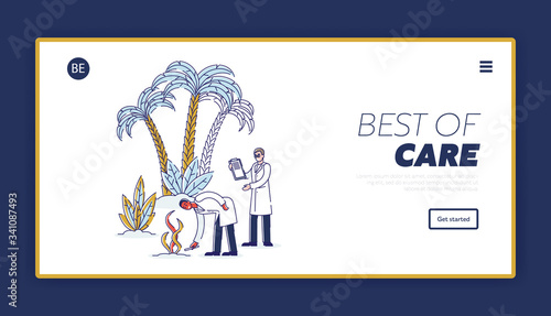 Website Landing Page. Technicians Fertilize the Soil. Man With Notebooks Gives Recommendations About Dosage Of Plant Fertilizers. Web Page Cartoon Linear Outline Flat Style. Vector Illustration