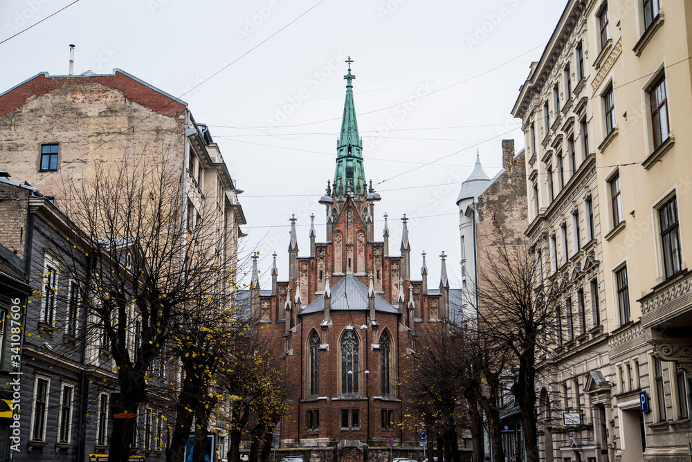 old town square with beautiful church in riga latvia europe 