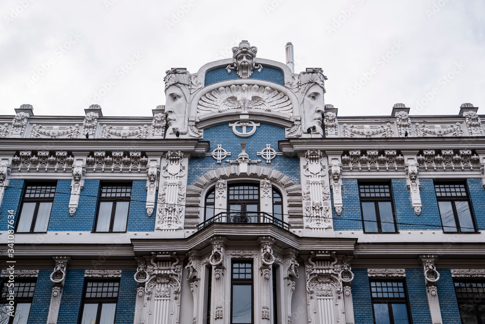 blue facade of a building in riga latvia