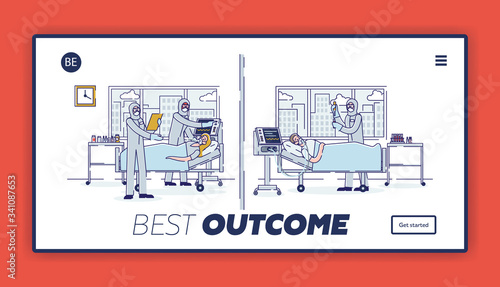 Concept Of Intensive Therapy. Website Landing Page. Sick Patients Man And Woman Are in Intensive Care Unit Сonnected To Ventilator. Web Page Cartoon Linear Outline Flat Style. Vector Illustration