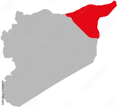 Hasakah province highlighted on syria map. Light gray background. Perfect for Business concepts, backgrounds, backdrop, sticker, chart, presentation and wallpaper. photo