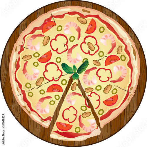Seafood pizza on a wooden board. Shrimps pizza, mussels, tomatoes, olives, cheese and basil