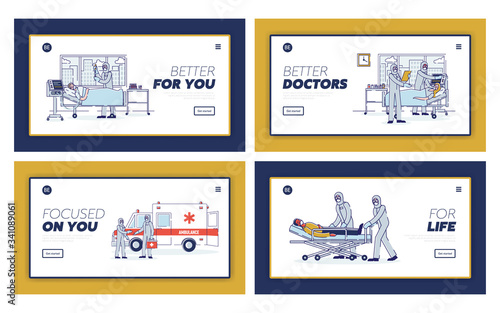 Isolation Of Infected Patients Concept. Website Landing Page. Doctors Put Into Quarantine And Treat Sick Infected Patients In Hospital. Web Page Cartoon Linear Outline Flat Vector Illustrations Set
