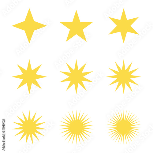 Yellow stars of different shapes on a white background. Vector illustration. Stock Photo.