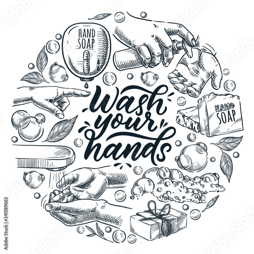 Wash your hands calligraphy lettering. Vector sketch illustration of human hand, tap, soap. Hygiene, sanitation concept
