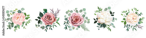 Dusty pink blush, white and creamy rose flowers vector design wedding bouquets
