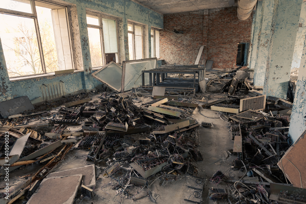 A pile of electronic scrap from the 1980s lying around in the post office of Pripyat, Chernobyl Exclusion Zone