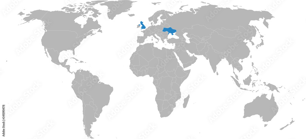 Ukraine, United kingdom, countries highlighted on world map. Business concepts, diplomatic, trade, transport relations.