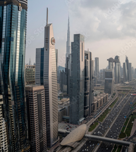 rooftop view of the main boulevard of downtown Dubai UAE