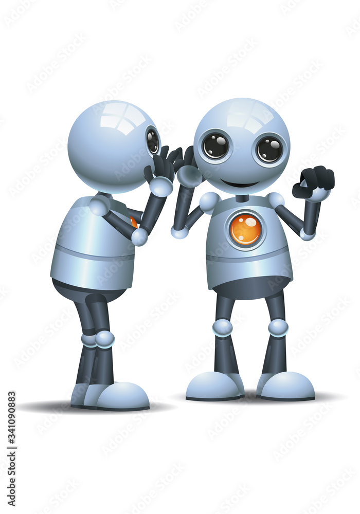 3d illustration of little robot talk whispering on ear 3d illustration of little robot talk whispering on ear
