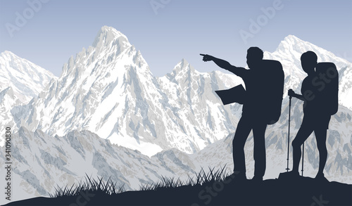 vector couple of travellers in mountains