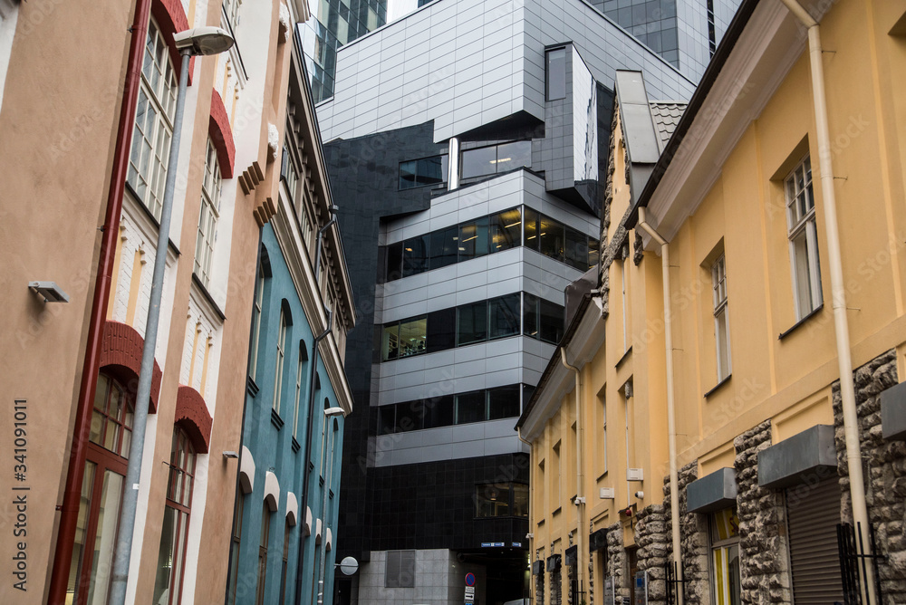 modern architecture down colorful street in downtown tallinn estonia