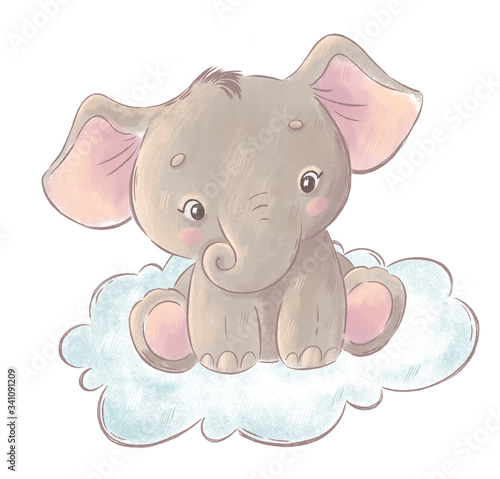 Cute baby elephant seeting on a cloud