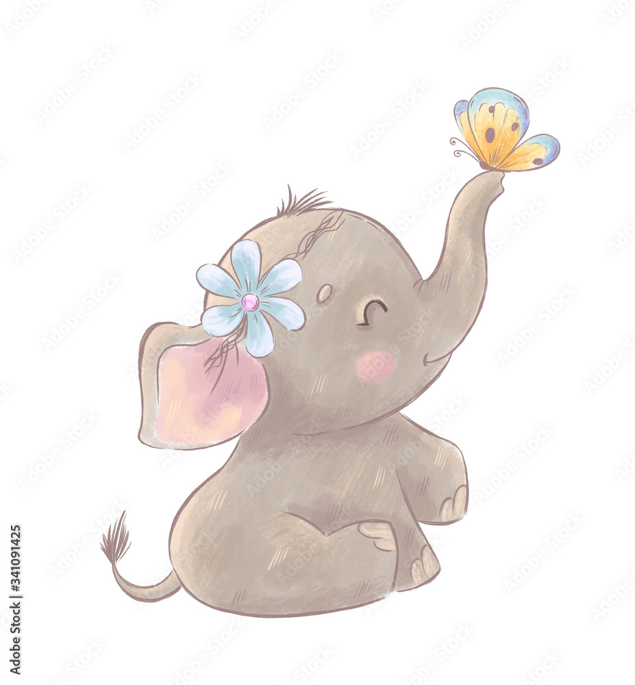 Cute baby elephant with butterfly 