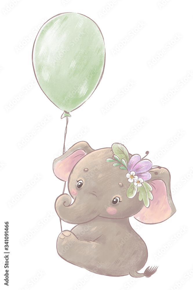 Naklejka premium Cute baby elephant with balloon