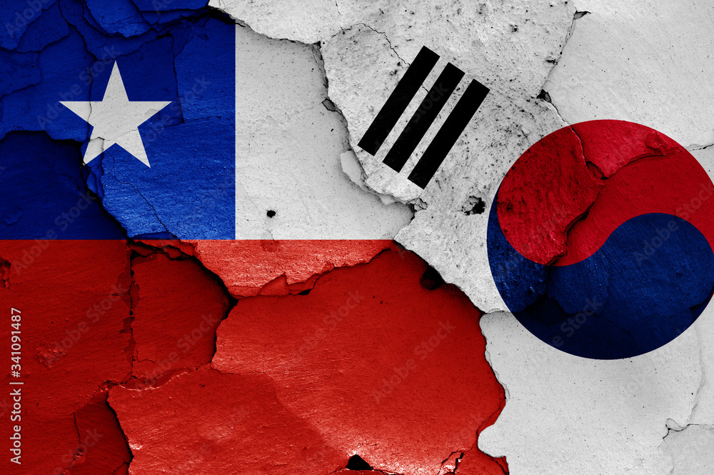 flags of Chile and South Korea painted on cracked wall