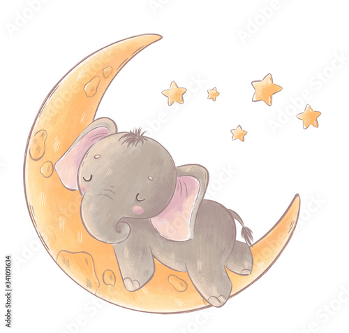 Canvas Print Cute baby elephant sleep on the moon