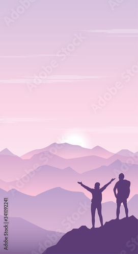 Flat vector illustration man and woman stand on top of a mountain.Silhouette of tourists on the background mountain landscape with sunrise. © Irina