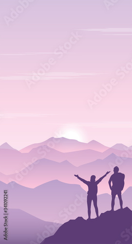 Flat vector illustration man and woman stand on top of a mountain.Silhouette of tourists on the background mountain landscape with sunrise.