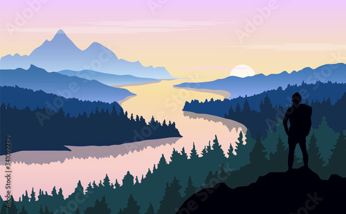 Fototapeta Naklejka Na Ścianę i Meble -  Flat vector illustration man stand on top of a wooded mountain and looks at the river.Silhouette of tourist on the background mountain landscape with sunset.