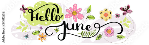Hello June. JUNE month vector with flowers and leaves. Decoration floral. Illustration month June photo