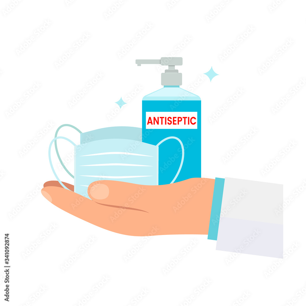Fototapeta premium The pharmacist is holding a medical mask and hand antiseptic in his hand. Online pharmacy concept during the world coronavirus pandemic.