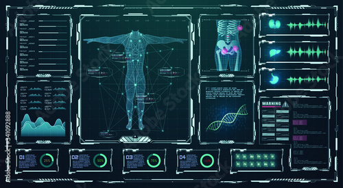 Head Up Display (HUD) UI,GUI for medical app. Futuristic virtual graphic modern Medical HUD Interface. Medical infographic. Hi-Tech, Research of human health. Diagnostic Scan, liver, kidney,lungs, DNA