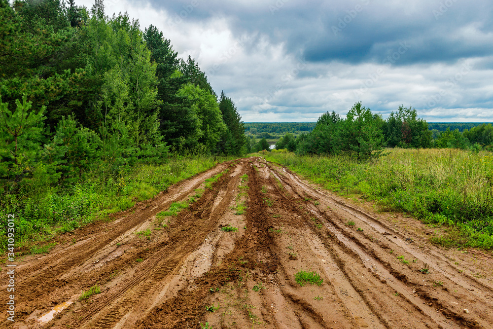 dirt road in the countryside on a cloudy summer day