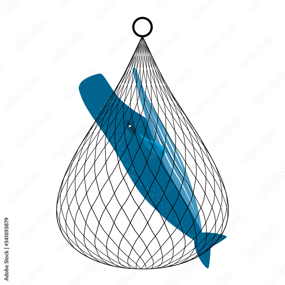 whales were caught in the fishing net. Cartoon style flat icon