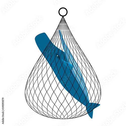whales were caught in the fishing net. Cartoon style flat icon