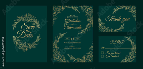 Luxury Wedding Save the Date  Invitation Navy Cards Collection with Gold Foil Flowers and Leaves and Wreath.