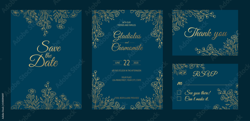 Fototapeta premium Minimalist wedding invitation card template design. Template, Frame with Delicate Flowers, Branches, Plants.