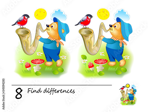 Find 8 differences. Logic puzzle game for children and adults. Printable page for kids brain teaser book. Illustration of cute bear playing the saxophone. Developing kids counting skills. IQ test.