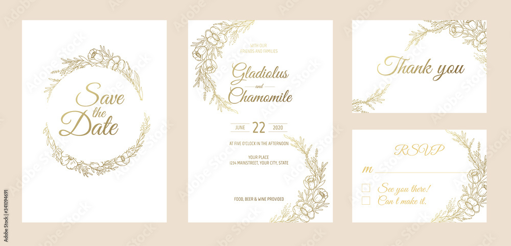 Minimalist wedding invitation card template design. Template, Frame with Delicate Flowers, Branches, Plants. Minimalist wedding invitation card template design. Template, Frame with Delicate Flowers, Branches, Plants.