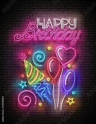 Glow Greeting Card with Different Balloons, Holiday Hat, Confetti and Happy Birthday Inscription