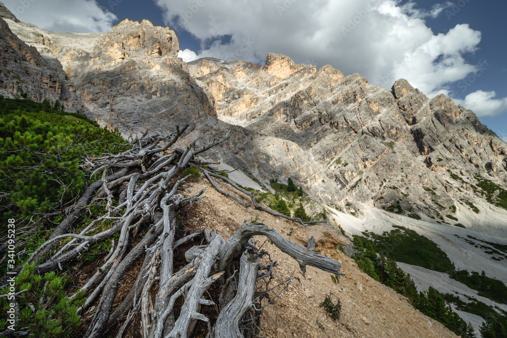 Obraz premium Beautiful view of the mountain landscape from the via ferrata trail in the Italian Dolomites