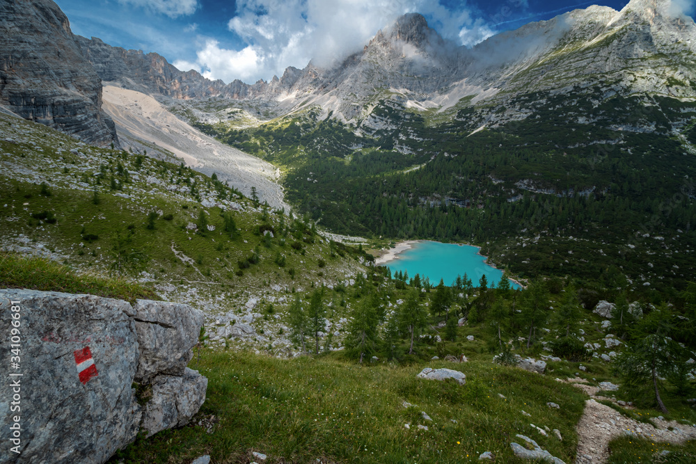 Beautiful Turquoise Lago di Sorapis Lake with Dolomites Mountains, Italy
