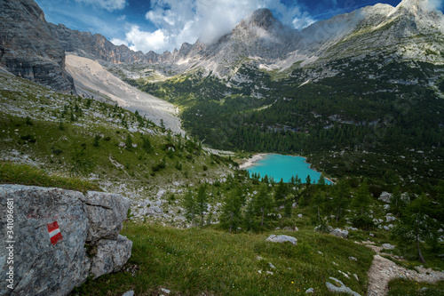 Beautiful Turquoise Lago di Sorapis Lake with Dolomites Mountains  Italy